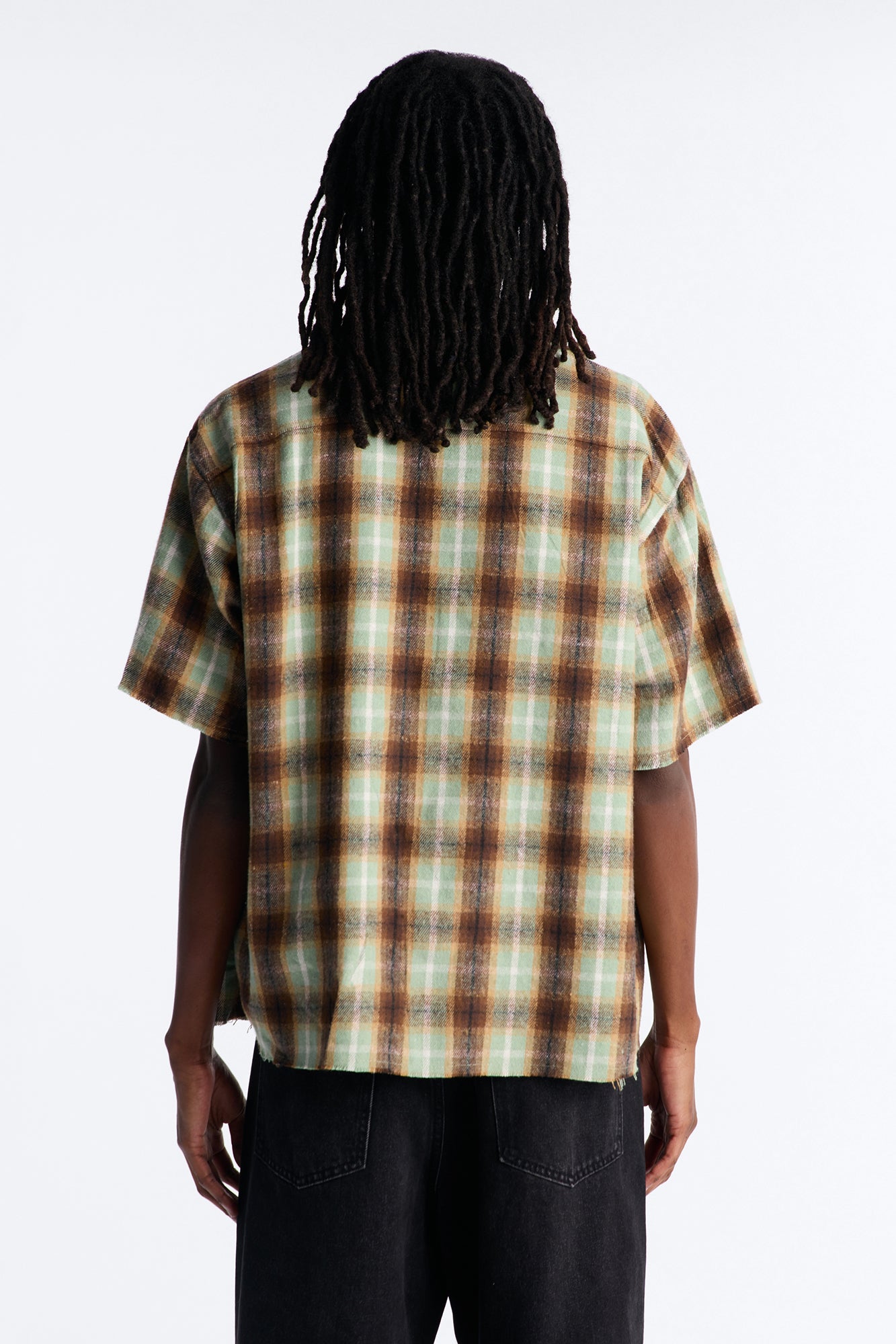 Jeweled Plaid Raw Hem Button Up Shirt - Olive