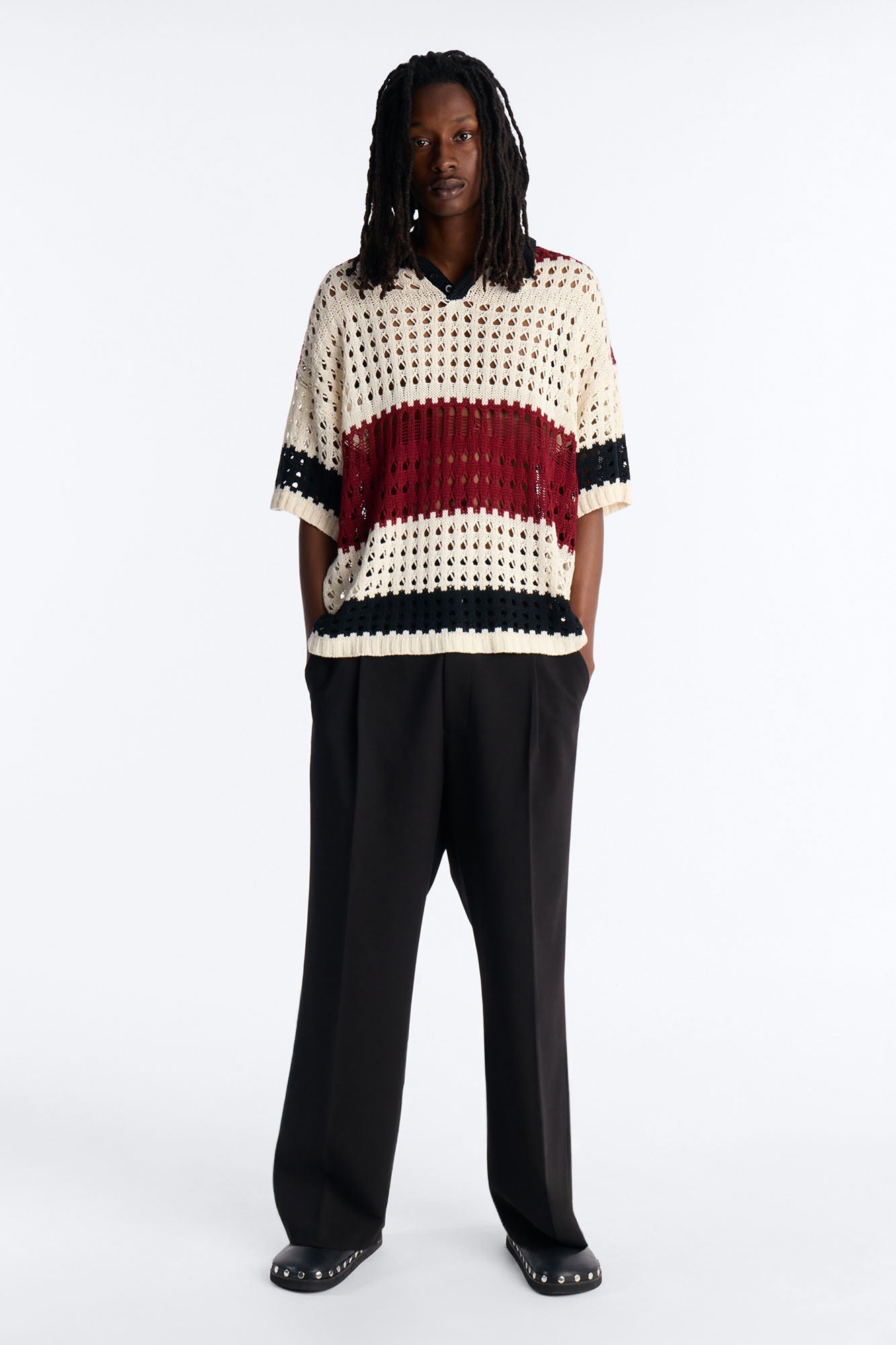 Weathered Stripe Knitted Polo - Burgundy