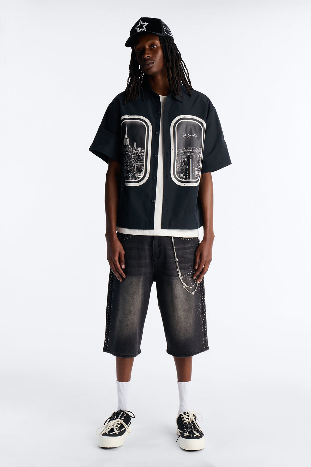 Skyline Views Short Sleeve Button Up Shirt - Black