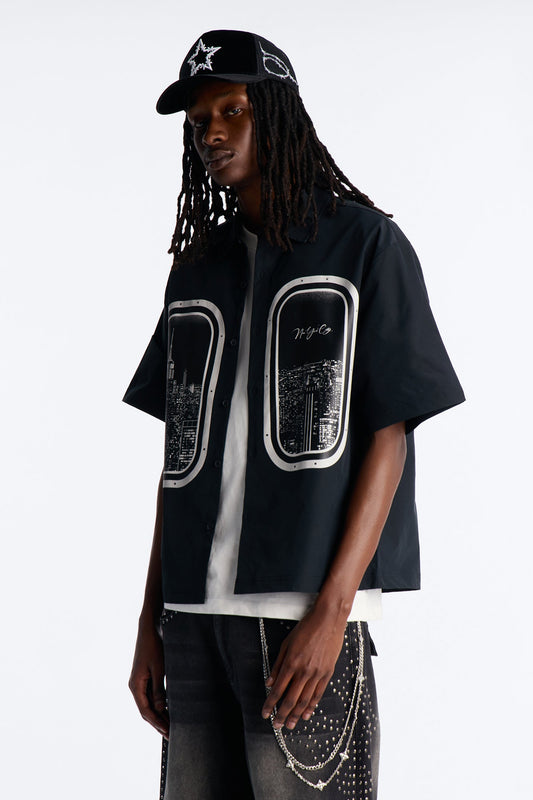 Skyline Views Short Sleeve Button Up Shirt - Black
