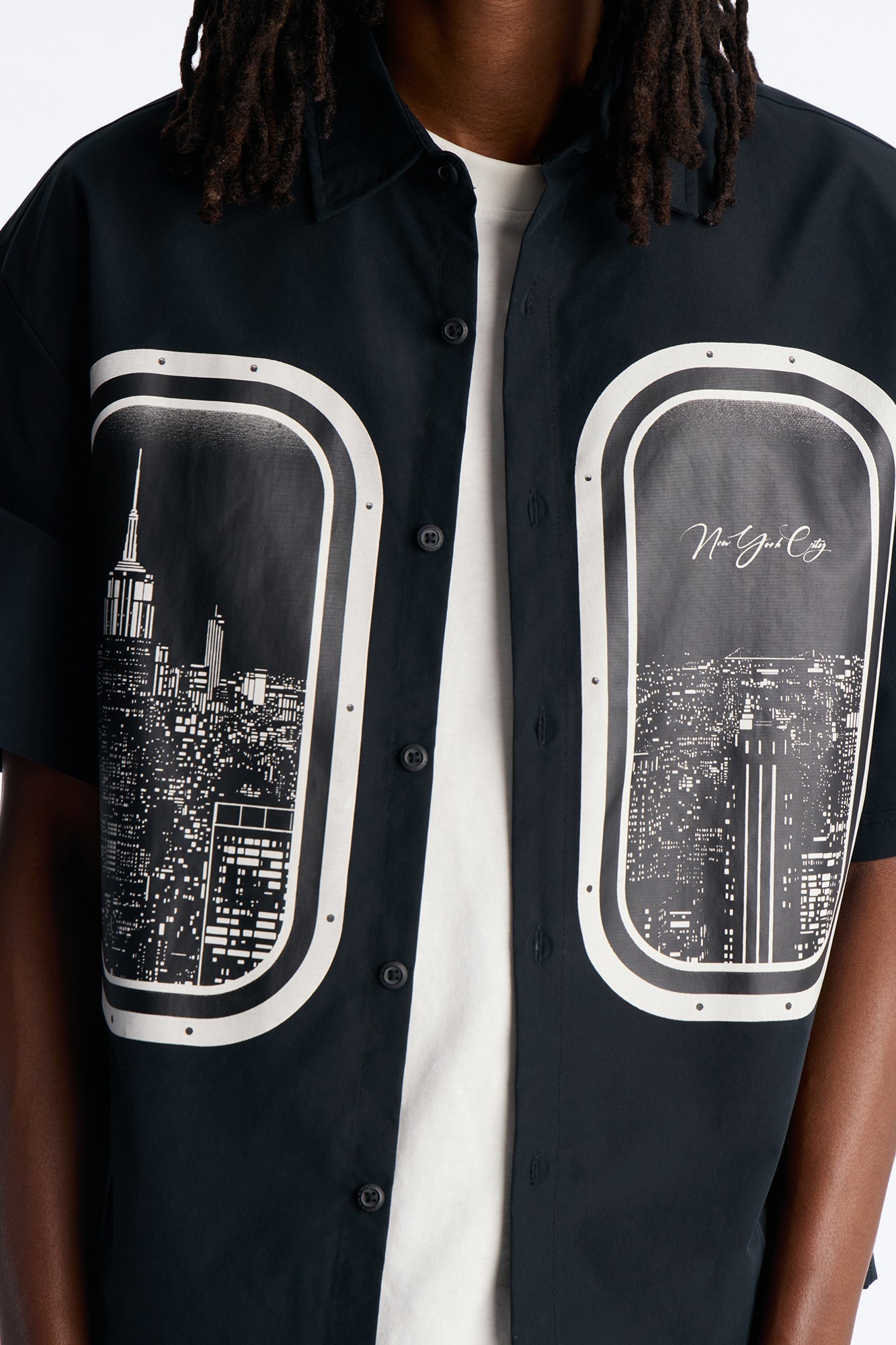 Skyline Views Short Sleeve Button Up Shirt - Black