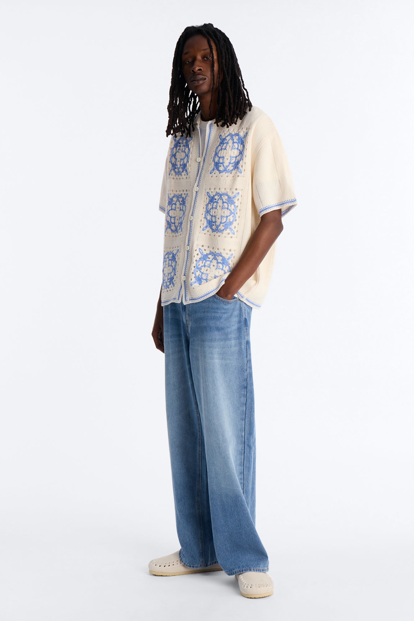 Lido Isle Crochet Button Up Shirt - Cream