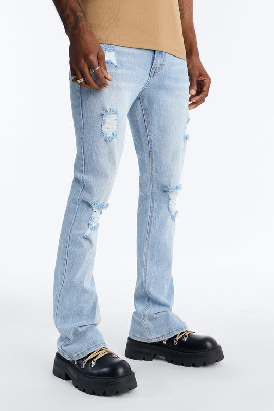 Essential Destroyed Stacked Slim Flare Stretch Jean - Light Blue Wash