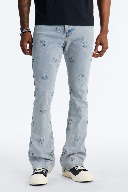 Stacked Slim Flare Embossed Supernova Jeans - Light Wash