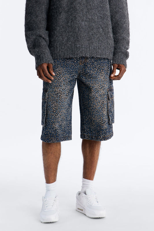 Snow Leopard Dusk Baggy Cargo Denim Short - Dark Wash