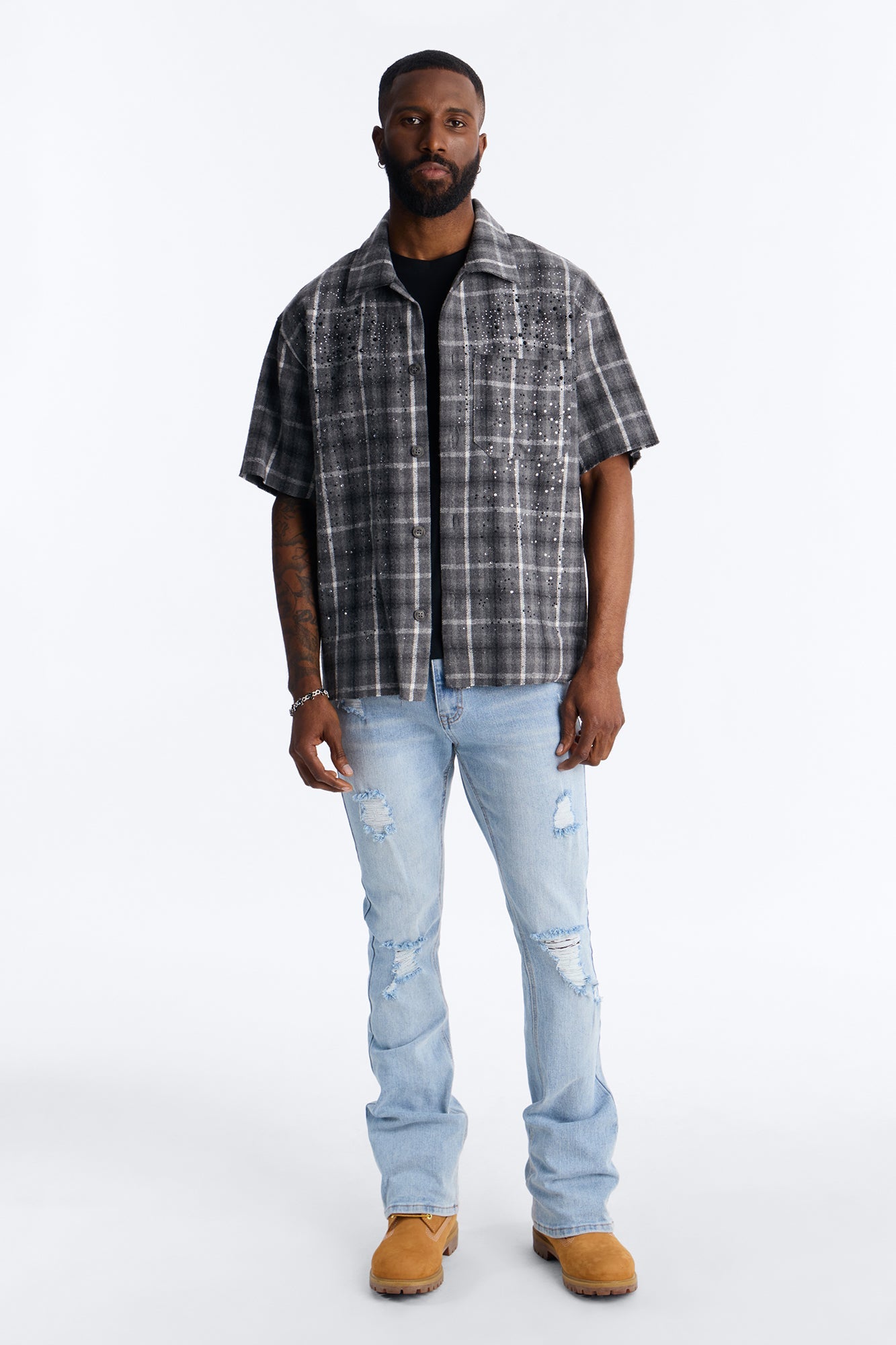 Jeweled Plaid Raw Hem Button Up Shirt - Black