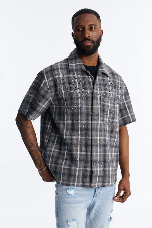Jeweled Plaid Raw Hem Button Up Shirt - Black