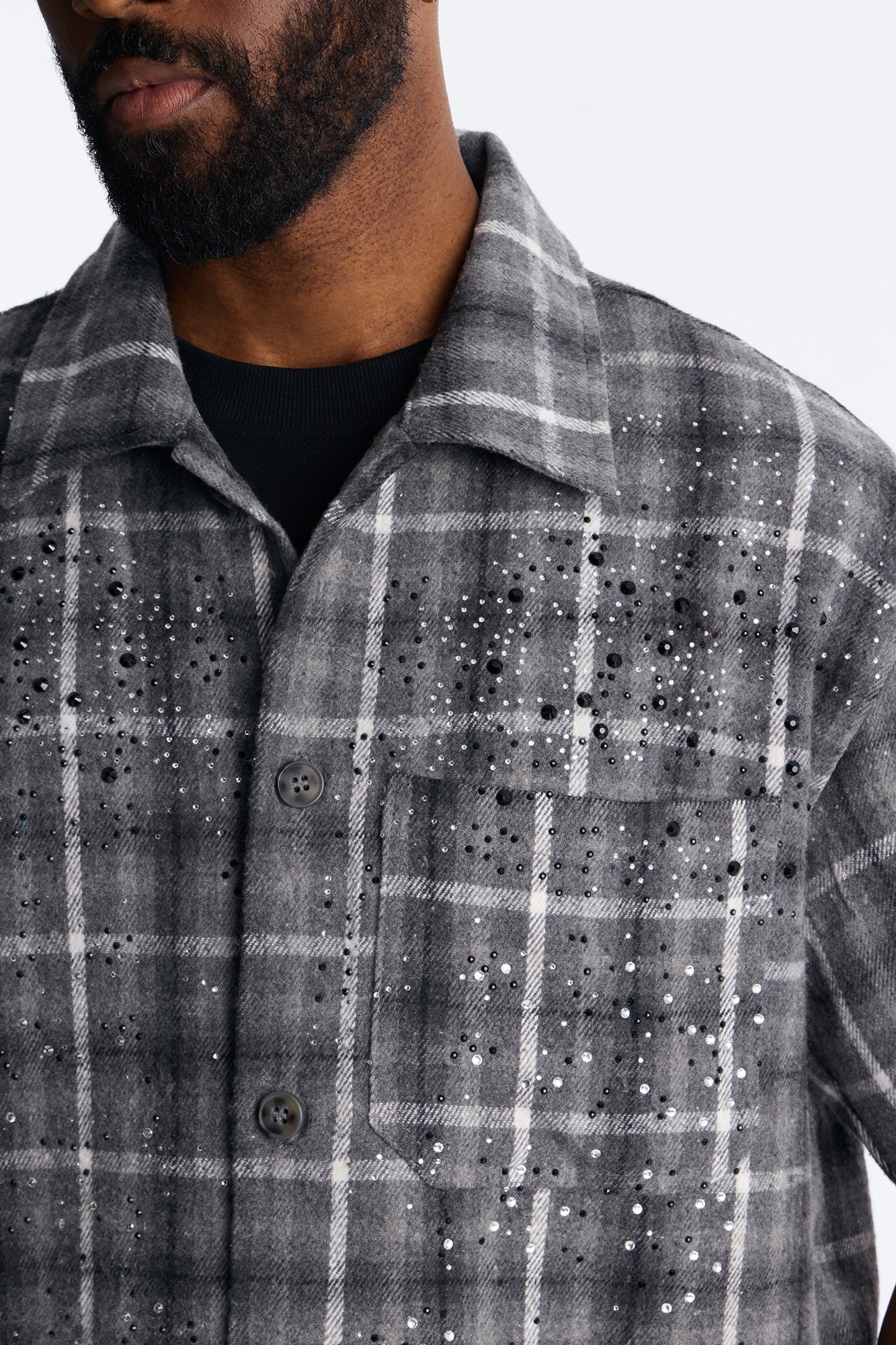 Jeweled Plaid Raw Hem Button Up Shirt - Black