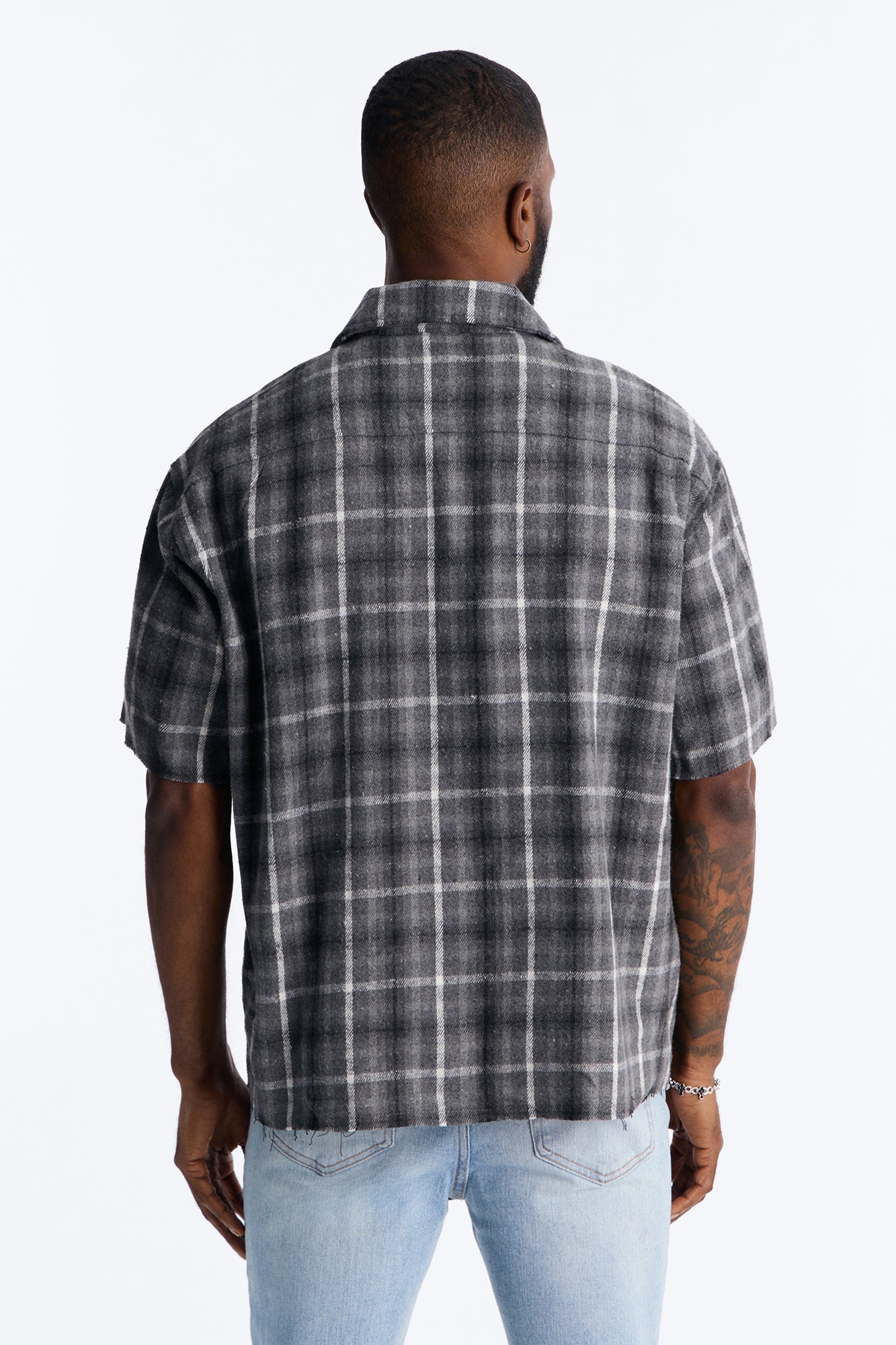 Jeweled Plaid Raw Hem Button Up Shirt - Black