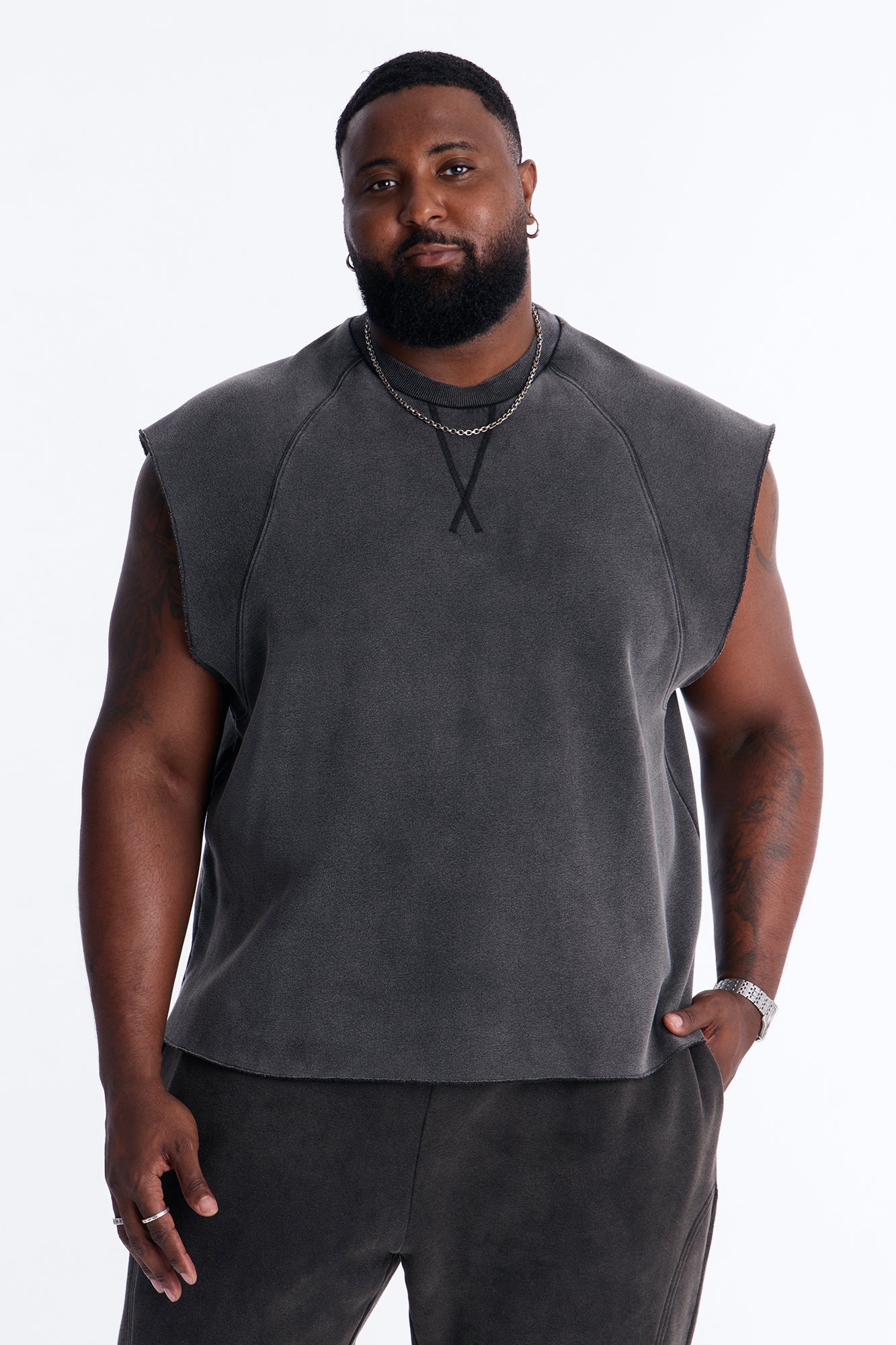 Washed Raw Edge Relaxed Muscle Tee - Black Wash