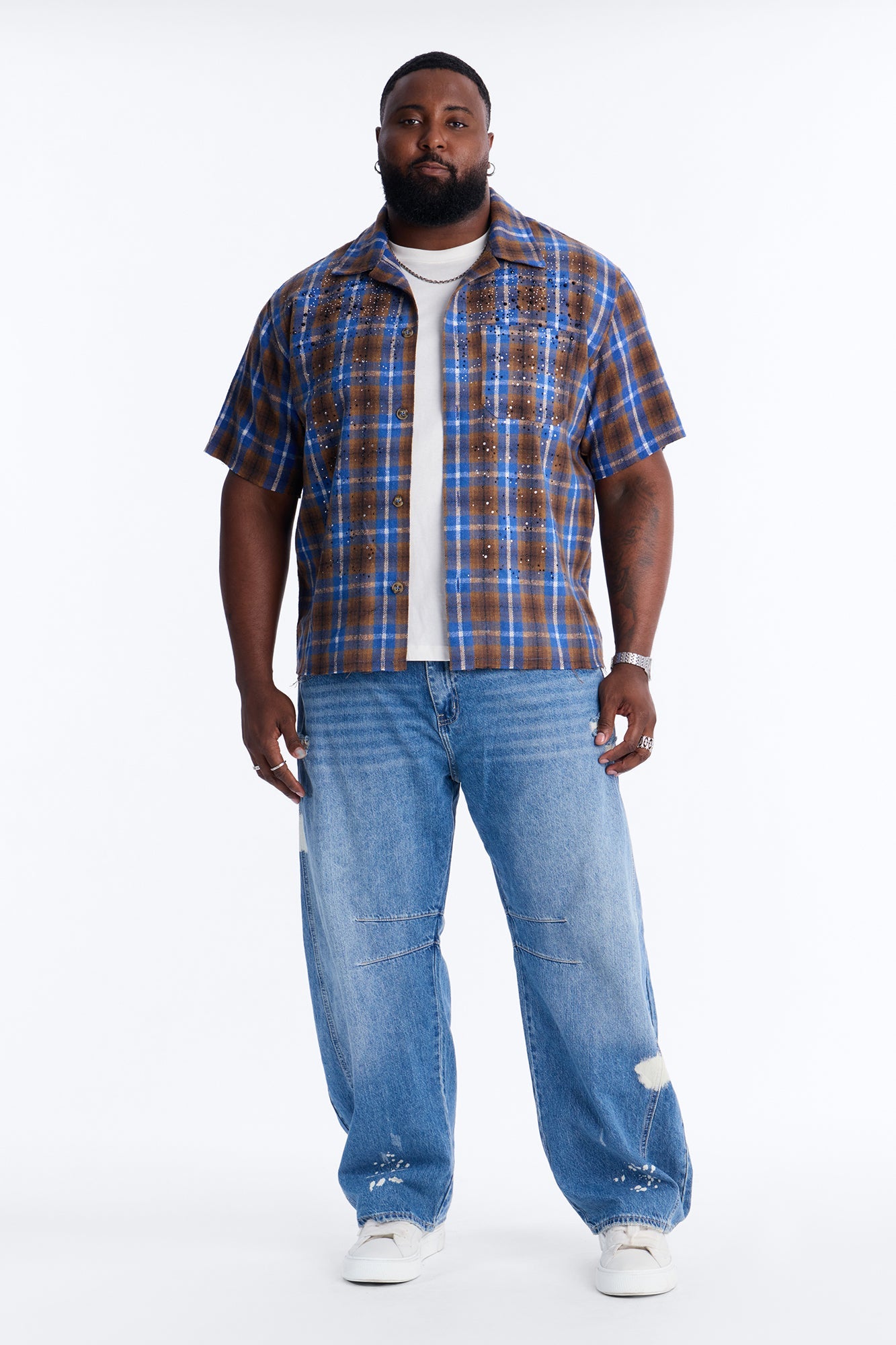 Jeweled Plaid Raw Hem Button Up Shirt - Blue