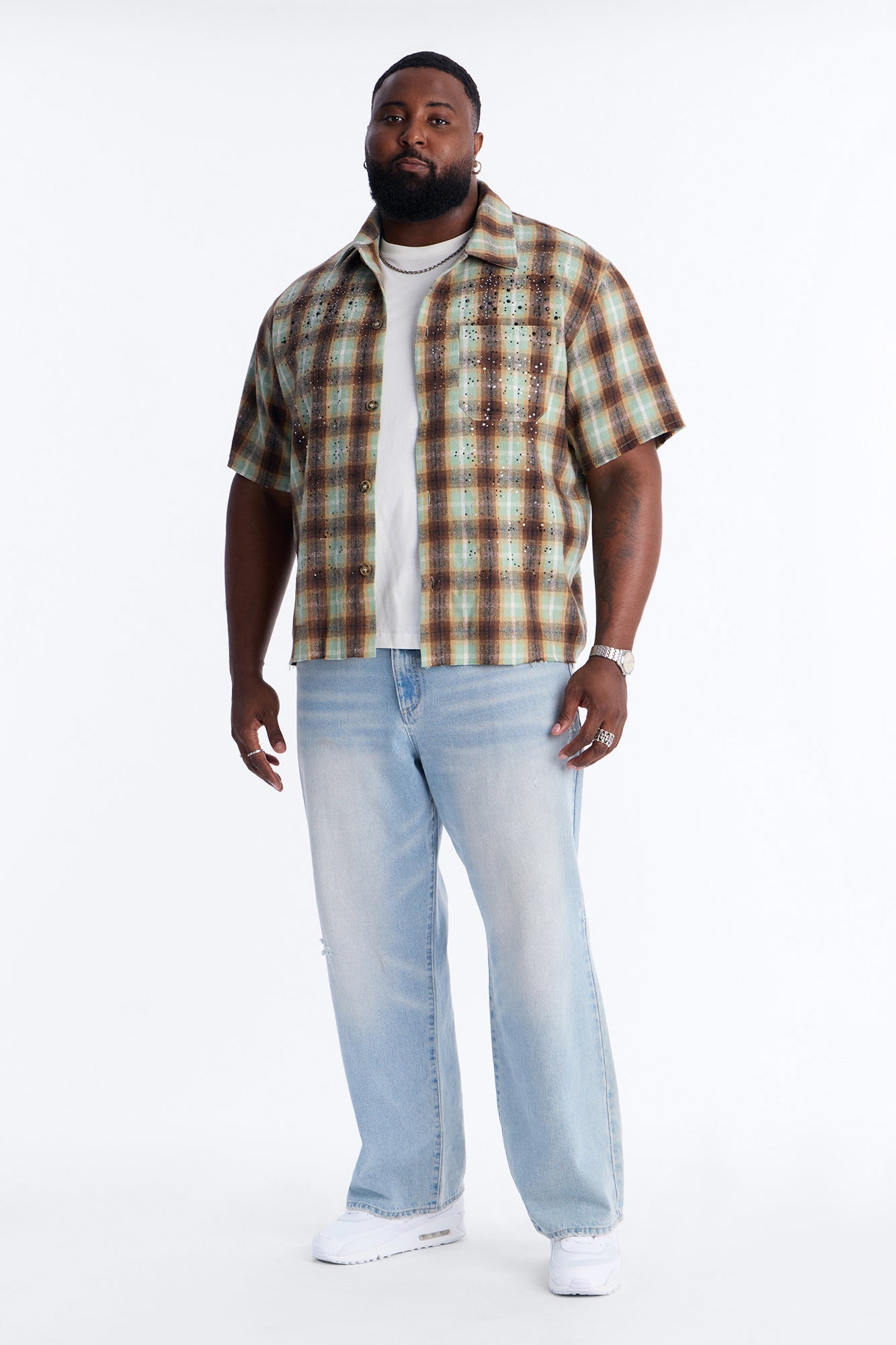 Jeweled Plaid Raw Hem Button Up Shirt - Olive