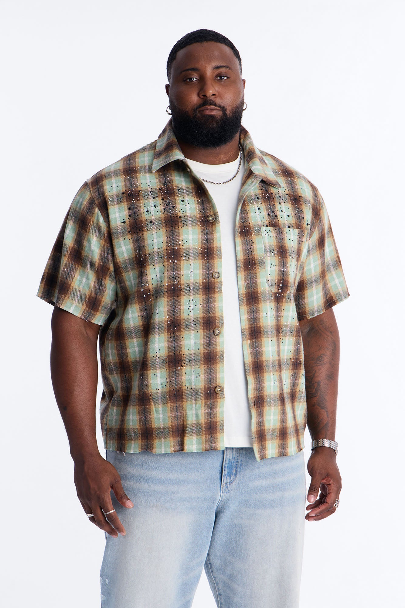 Jeweled Plaid Raw Hem Button Up Shirt - Olive