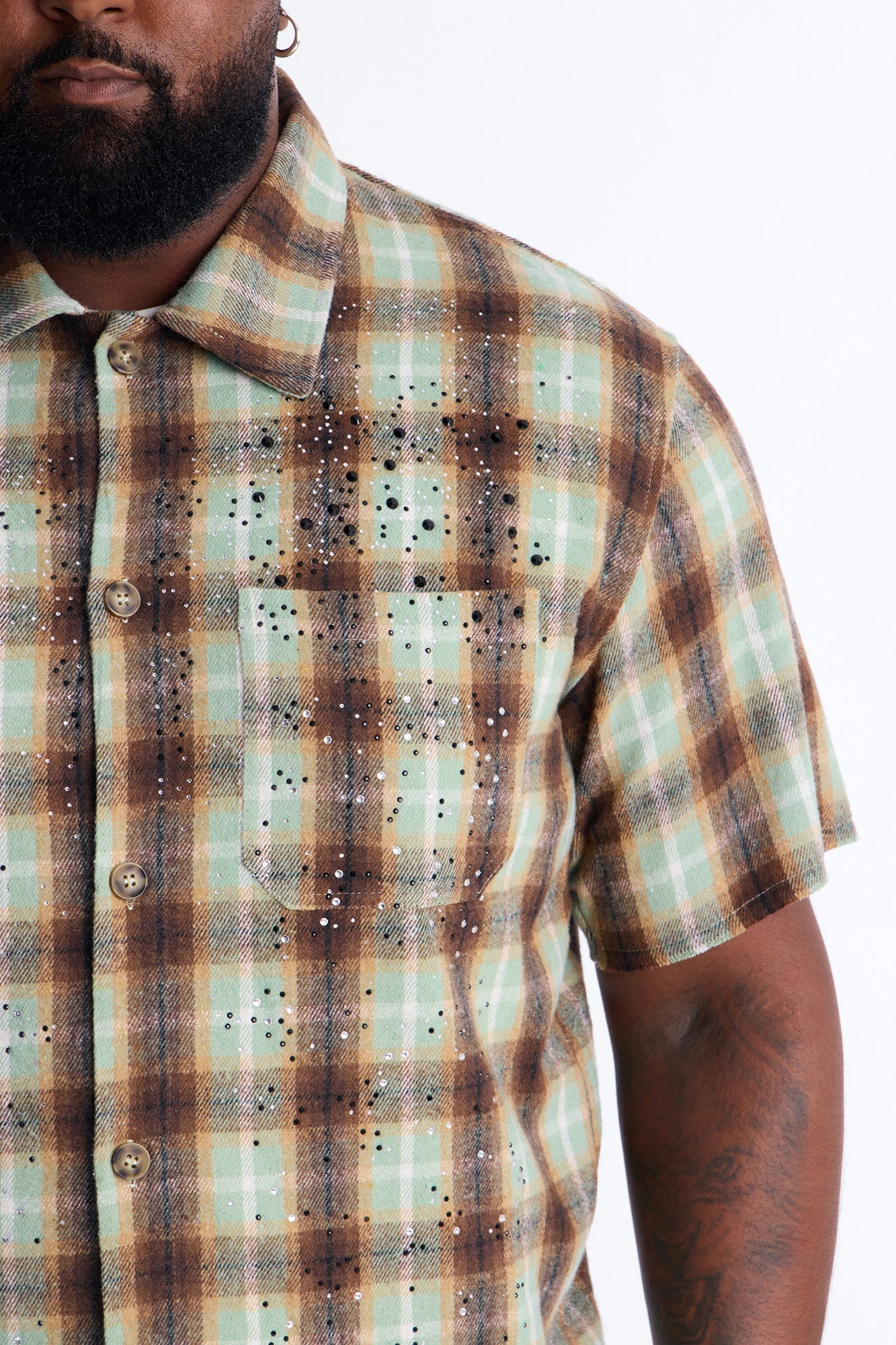 Jeweled Plaid Raw Hem Button Up Shirt - Olive
