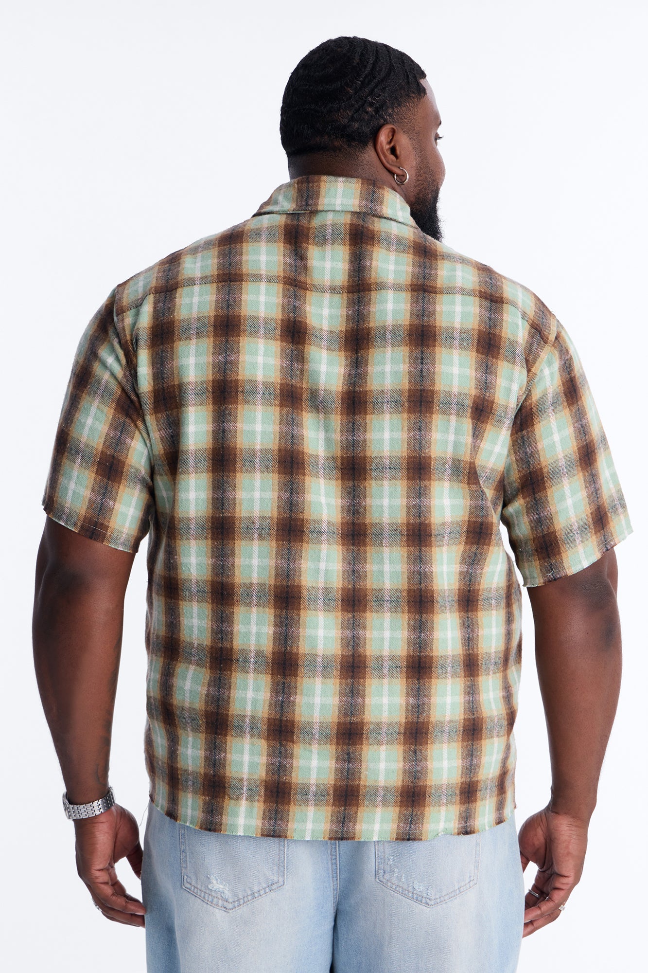 Jeweled Plaid Raw Hem Button Up Shirt - Olive