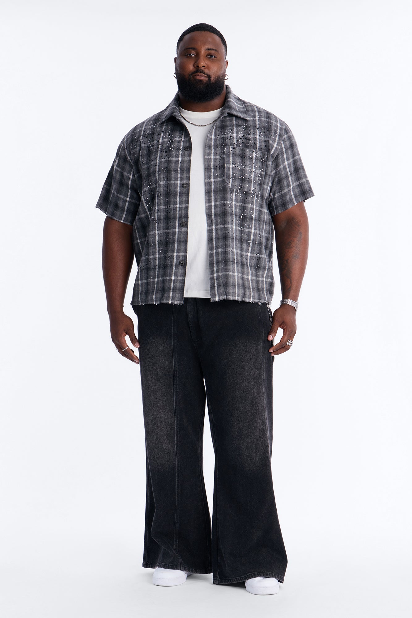 Jeweled Plaid Raw Hem Button Up Shirt - Black