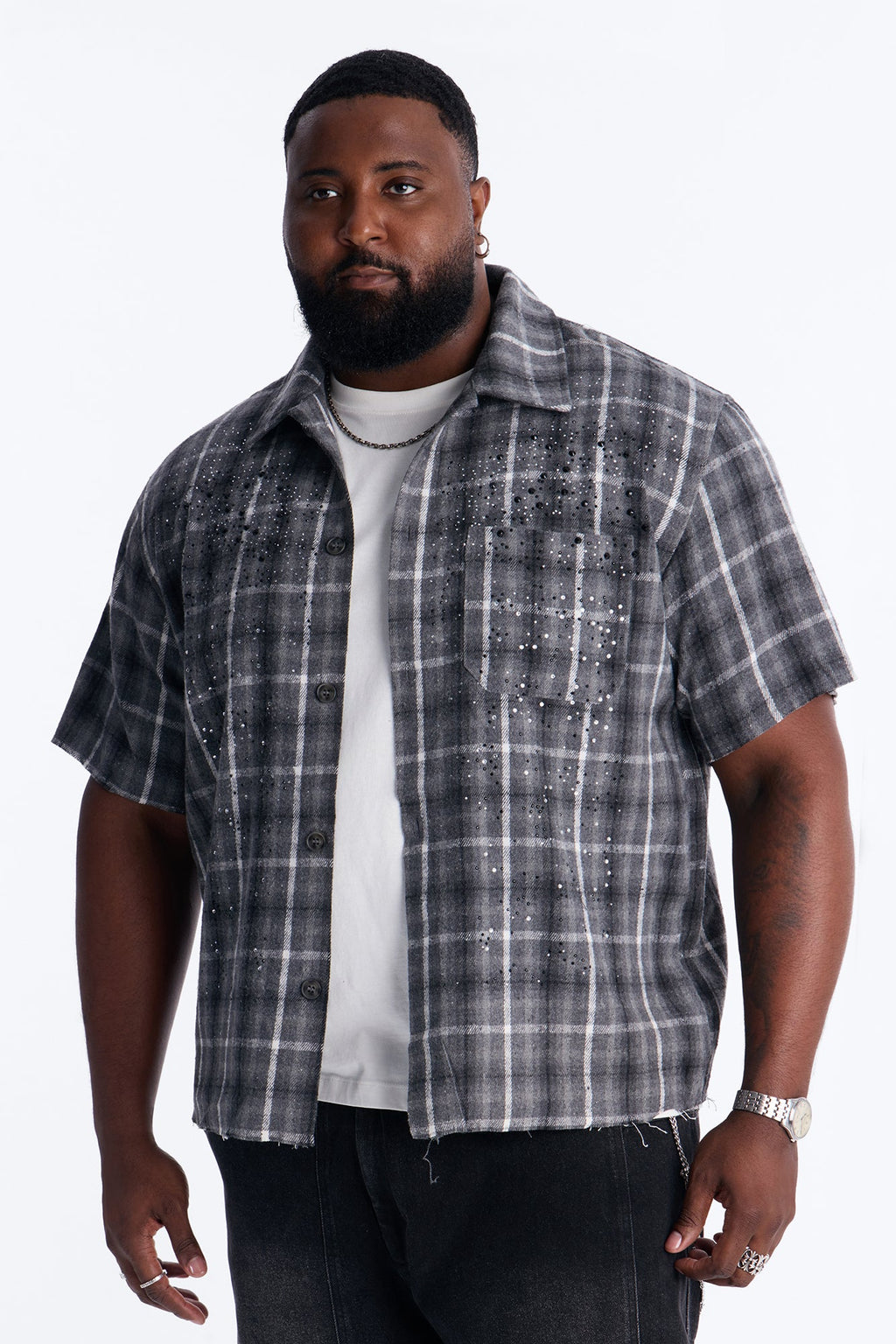 Jeweled Plaid Raw Hem Button Up Shirt - Black