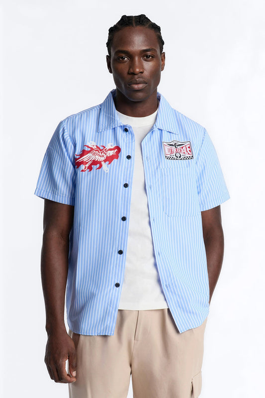 Cropped No Questions Asked Striped Button Up Shirt - Blue