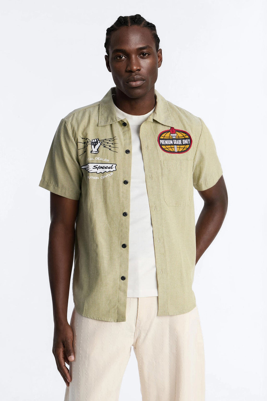 Cropped Overdrive Mode Striped Button Up Shirt - Sage
