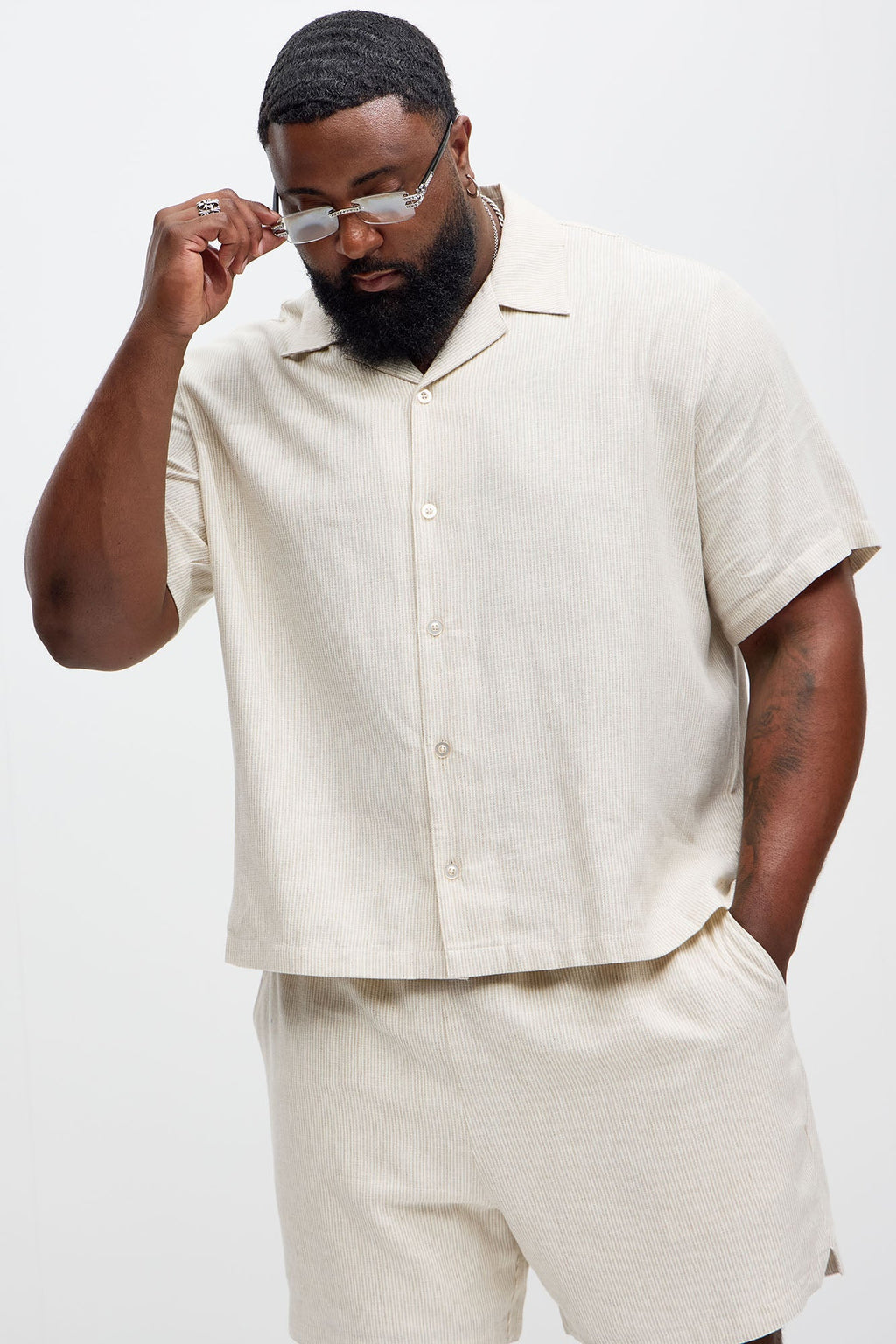 Twill Stripe Slim Button Up - Taupe
