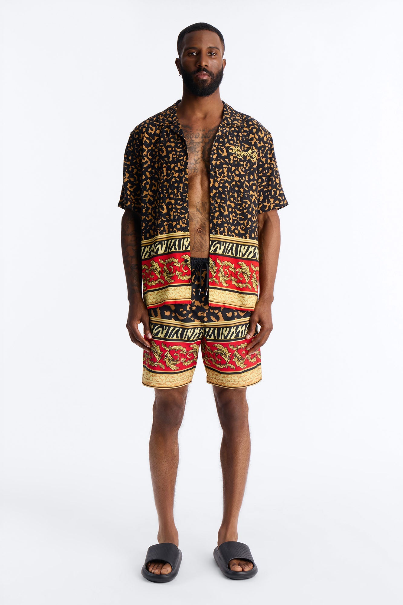 Animal Instincts Paneled Cuban Collar Short Sleeve Shirt - Leopard