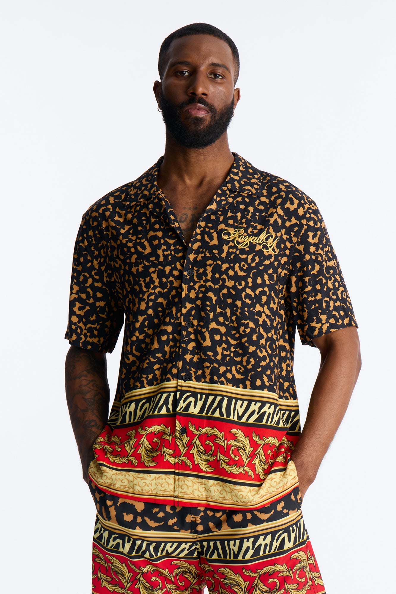 Animal Instincts Paneled Cuban Collar Short Sleeve Shirt - Leopard