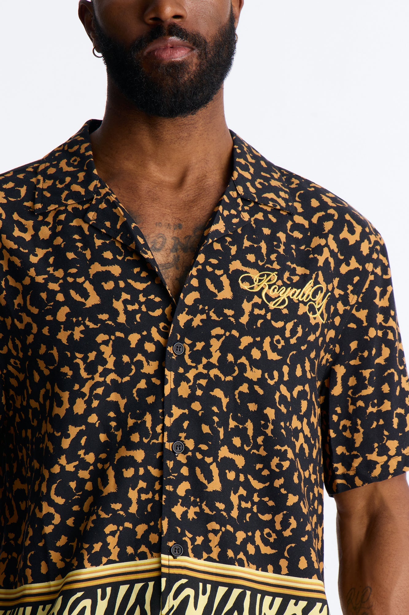 Animal Instincts Paneled Cuban Collar Short Sleeve Shirt - Leopard