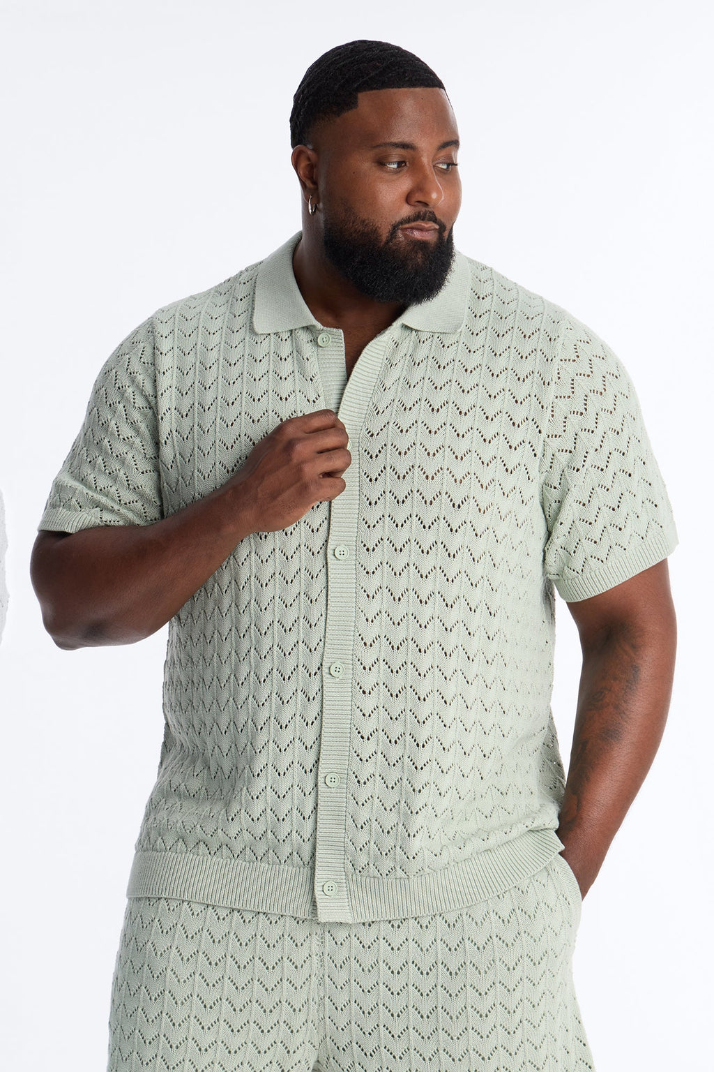Waterfall Texture Open Knit Shirt - Sage