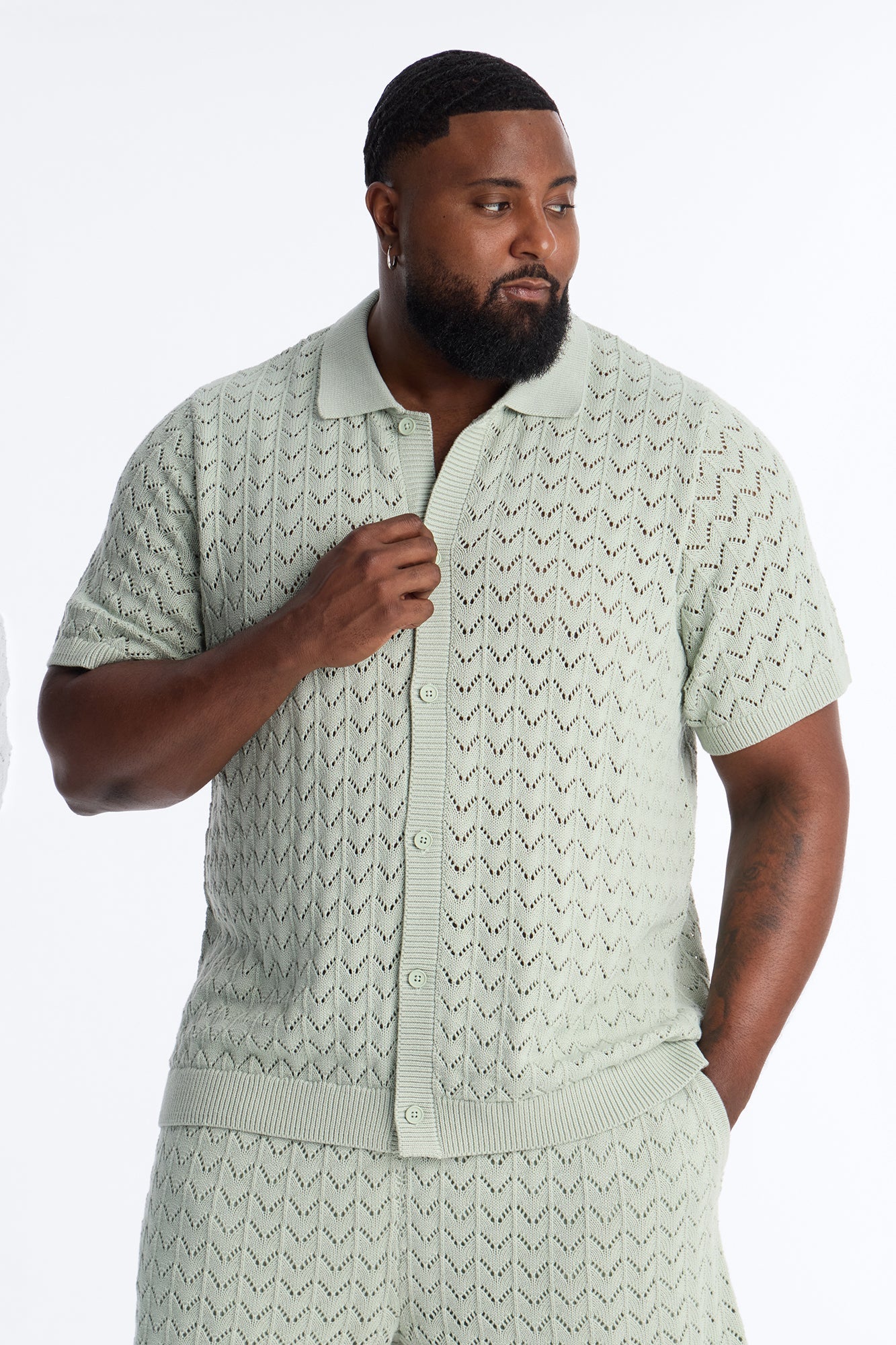 Waterfall Texture Open Knit Shirt - Sage