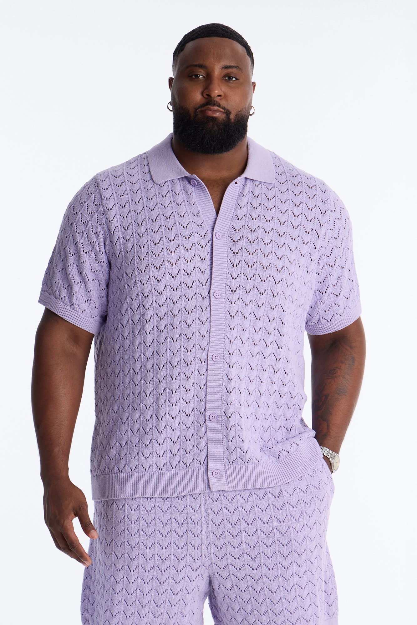 Waterfall Texture Open Knit Shirt - Lavender