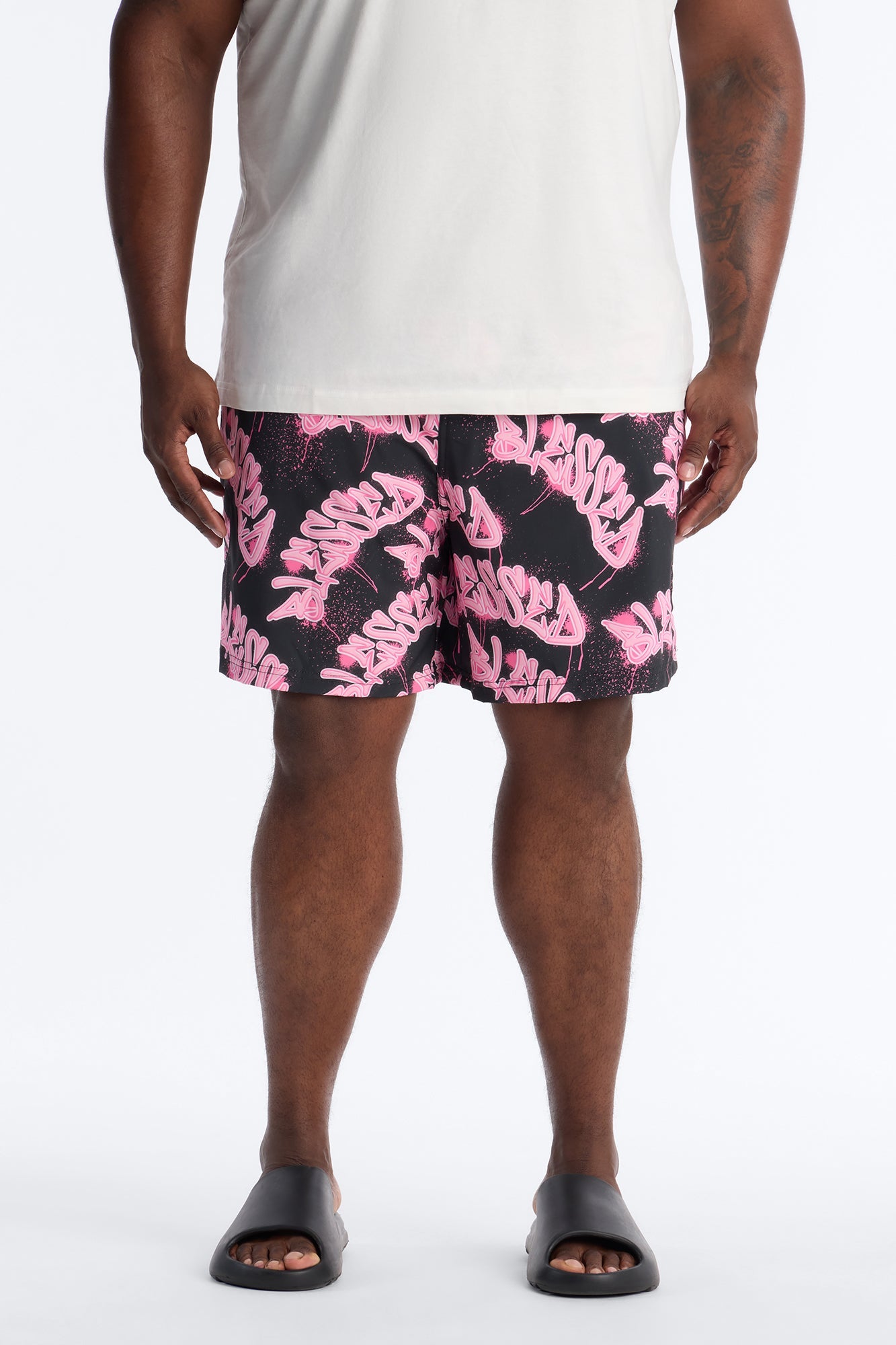 Blessed Street Graffiti Printed Swim Trunk 7″ - Black/Pink