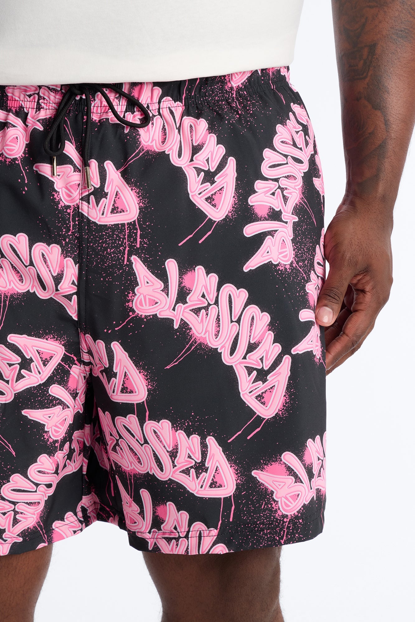 Blessed Street Graffiti Printed Swim Trunk 7″ - Black/Pink