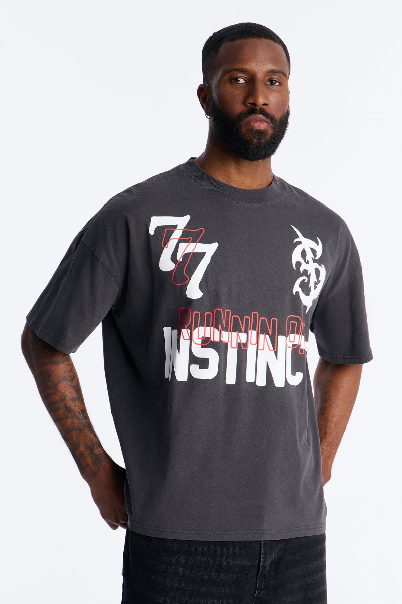 Runnin On Instinct 777 Vintage Boxy Short Sleeve Tee - Black Wash