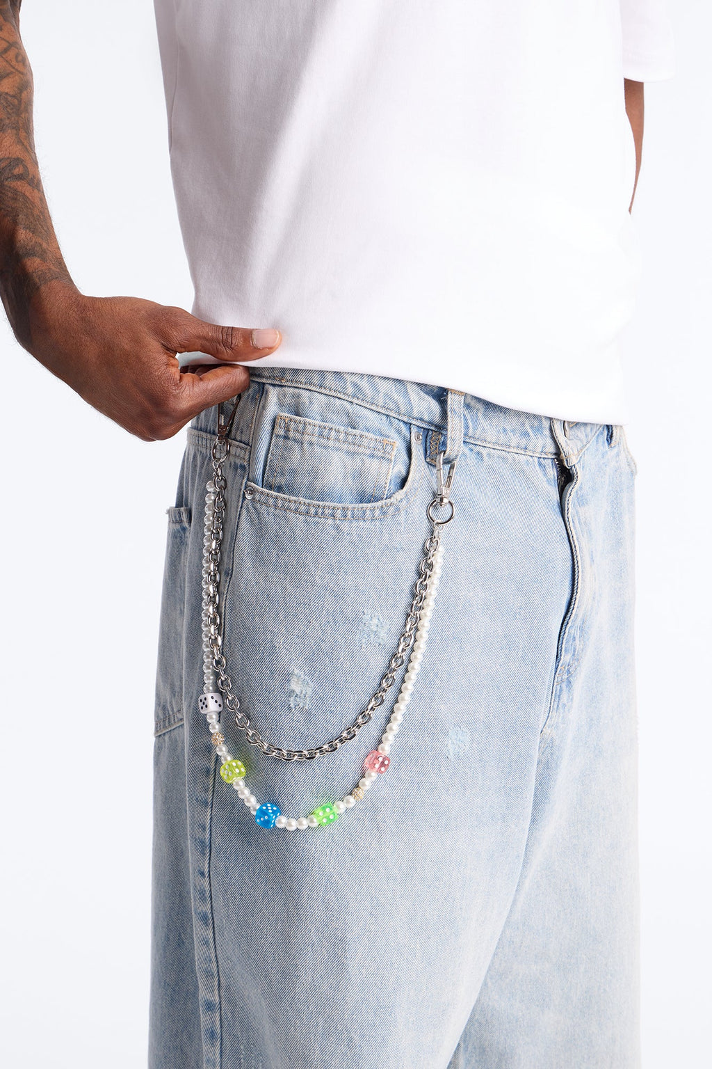 Colored Dice Pearl Stacked Pant Chain - Silver