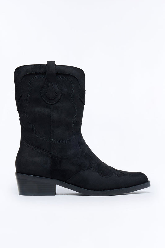 Western Faux Suede Pull On Cowboy Boots - Black