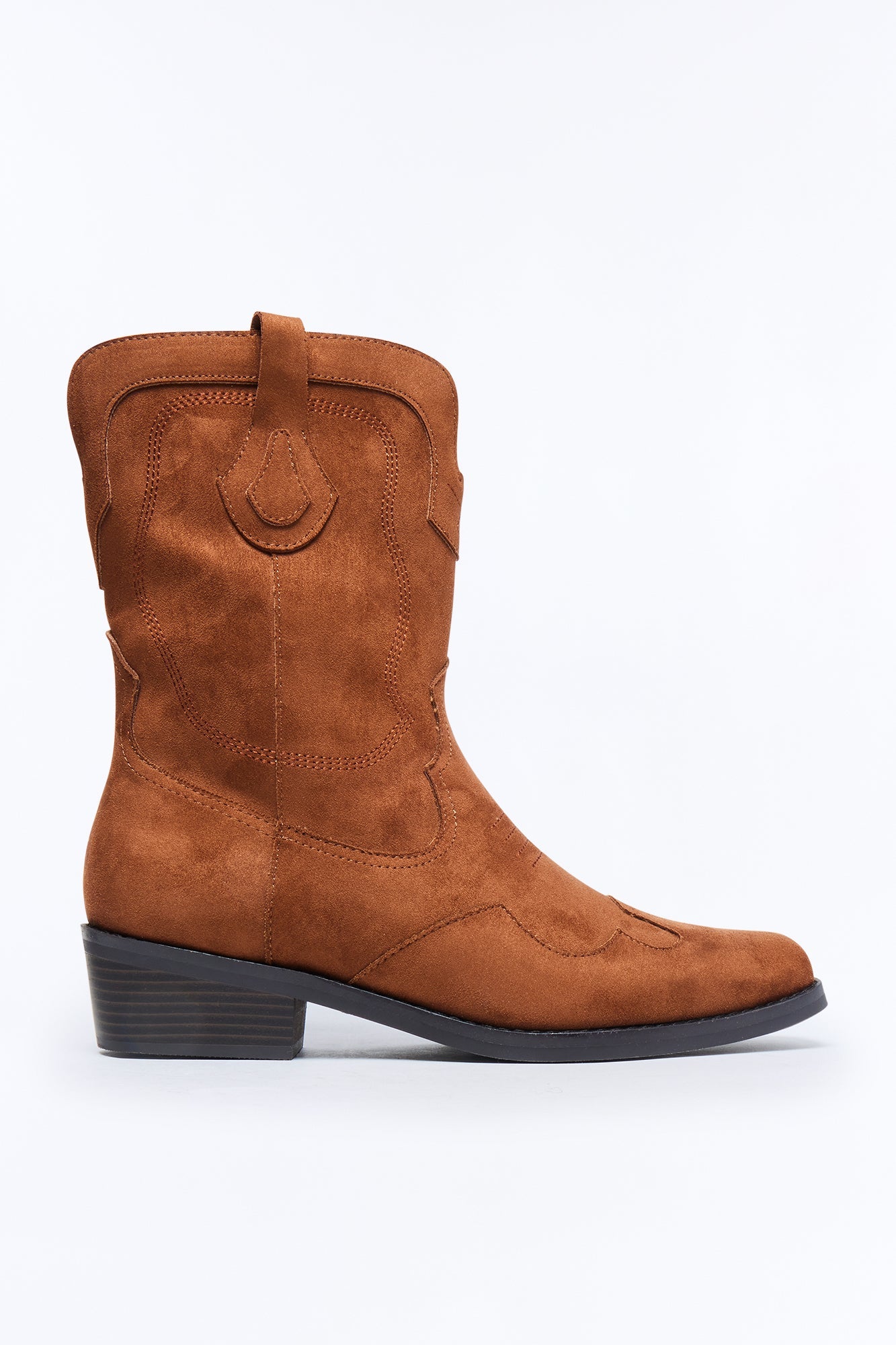 Western Faux Suede Pull On Cowboy Boots - Brown