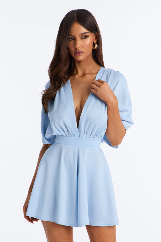 Mekenzy Satin Plunge Romper - Dusty Blue