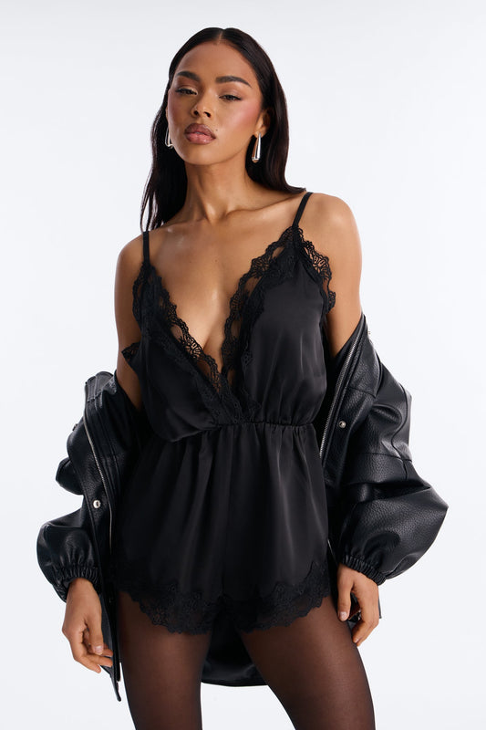 Rina Satin Lace Trim Micro Romper - Black