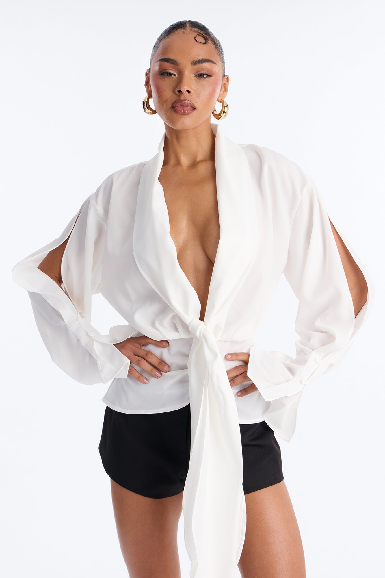 Just Like That Ruched V Neck Chiffon Blouse - White