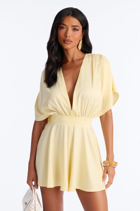 Mekenzy Satin Plunge Romper - Yellow