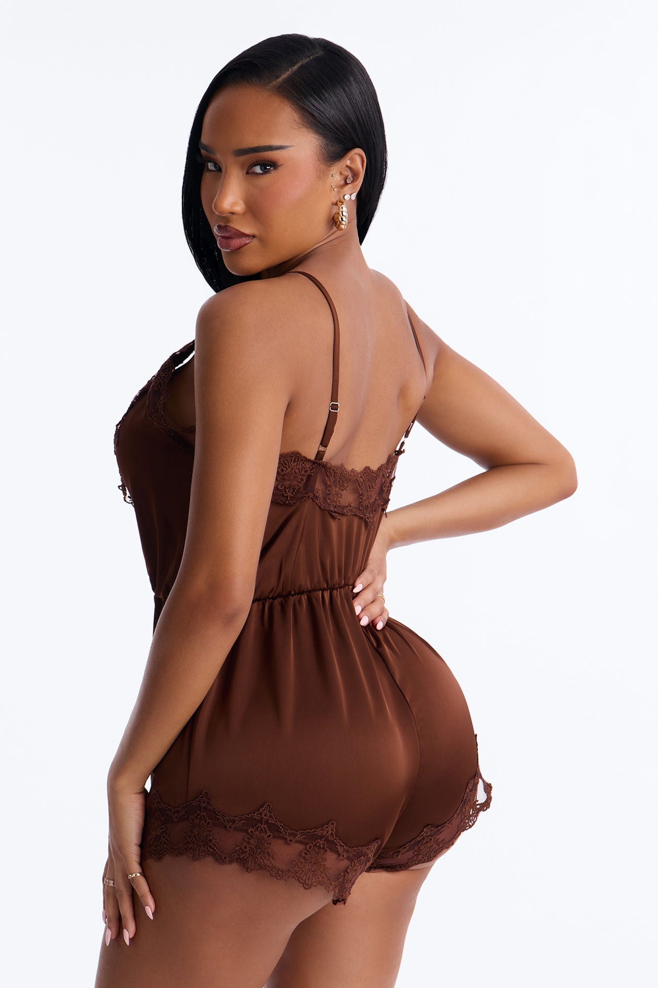 Rina Satin Lace Trim Micro Romper - Chocolate