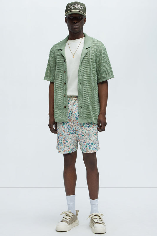 Unwind Cable Knit Short Sleeve Button Up - Sage