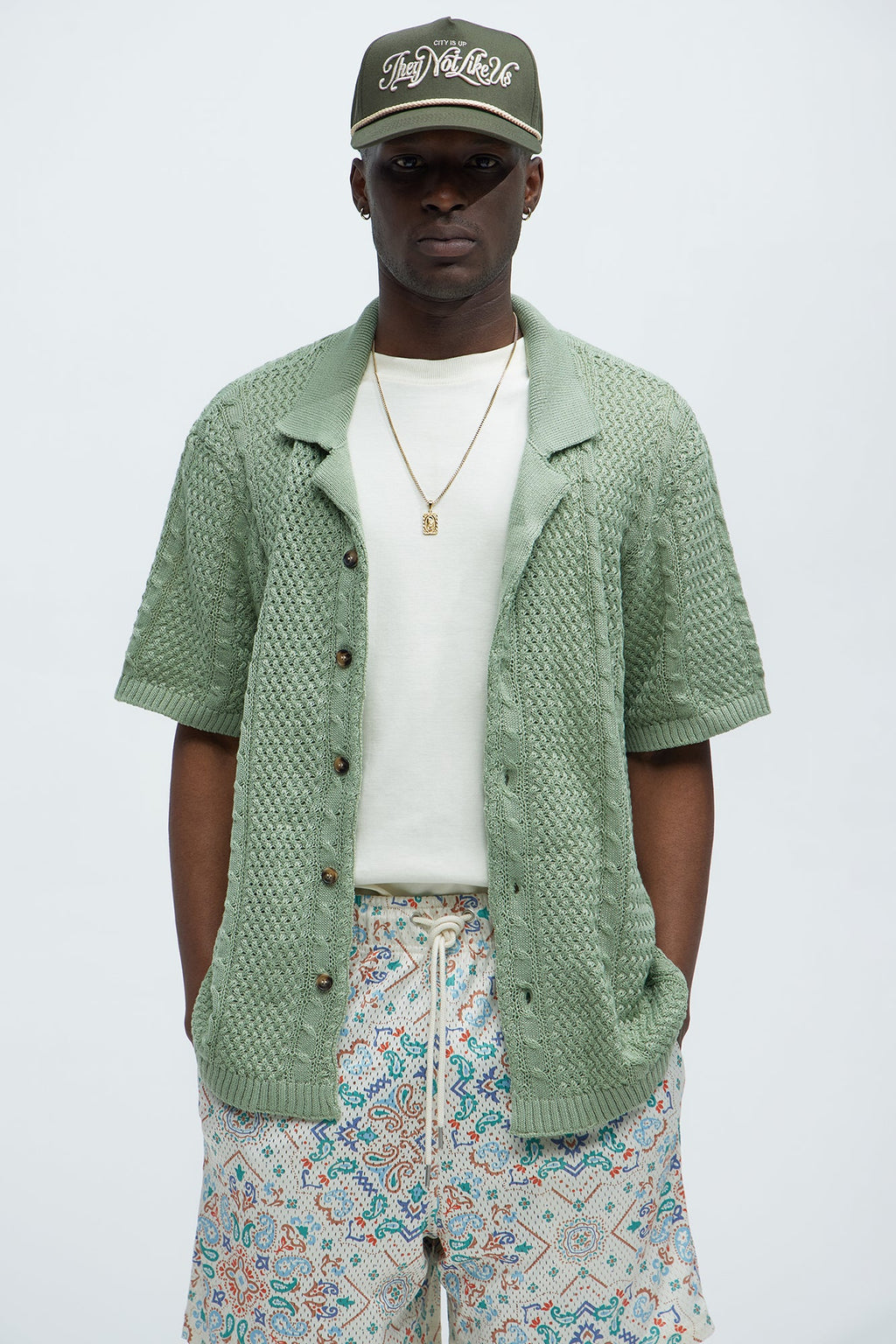Unwind Cable Knit Short Sleeve Button Up - Sage