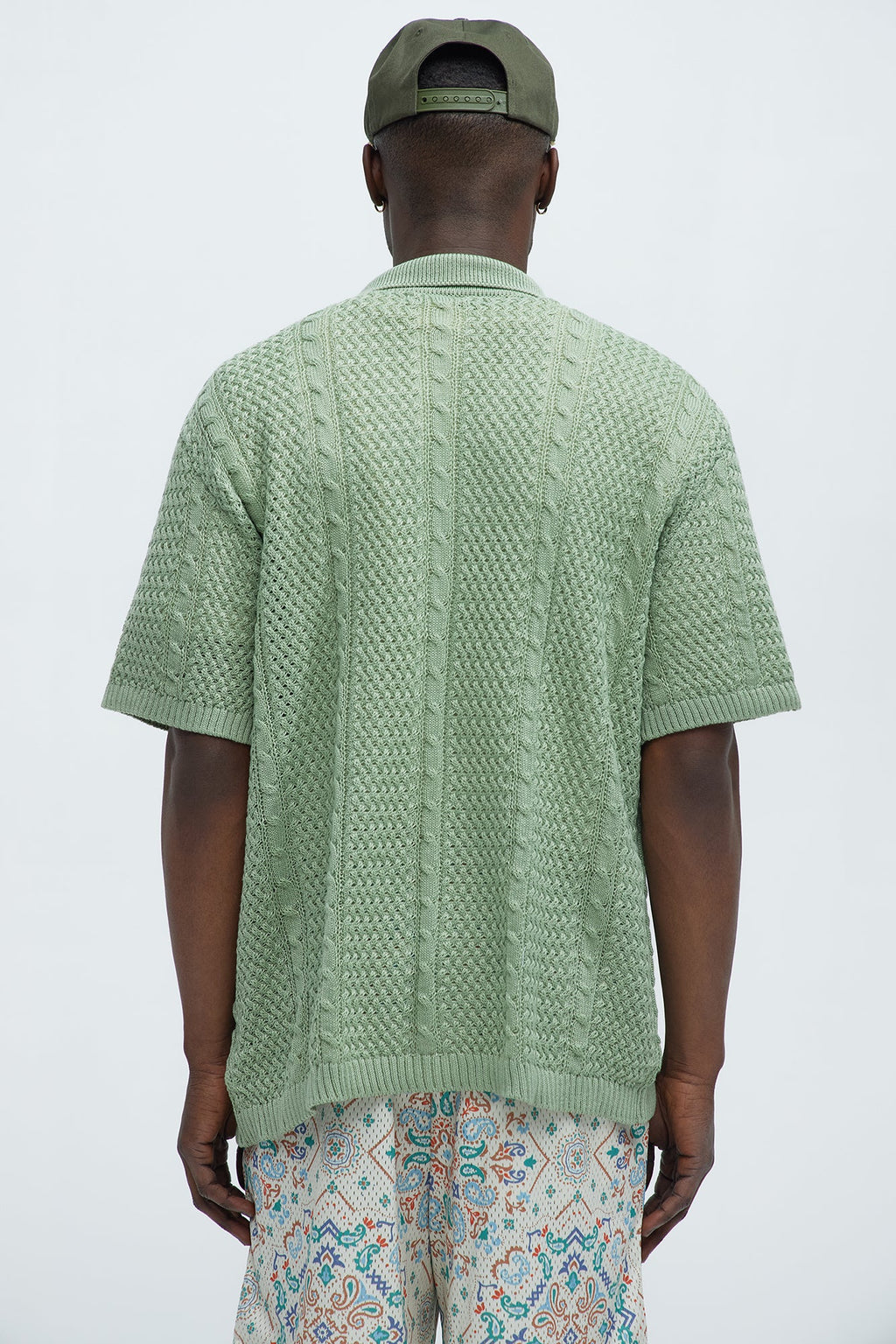 Unwind Cable Knit Short Sleeve Button Up - Sage