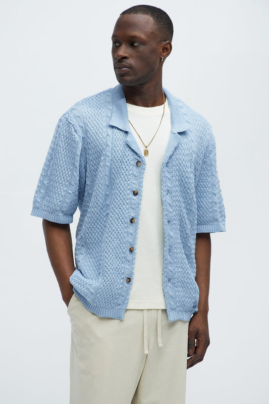 Unwind Cable Knit Short Sleeve Button Up - Blue