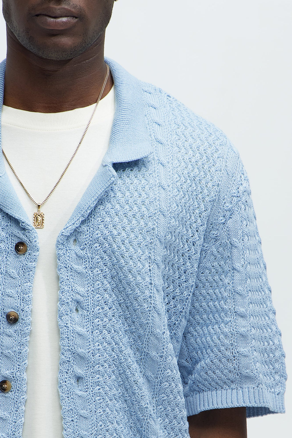 Unwind Cable Knit Short Sleeve Button Up - Blue