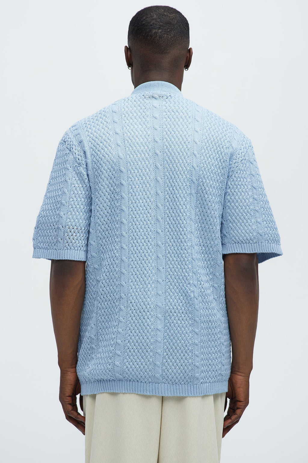 Unwind Cable Knit Short Sleeve Button Up - Blue