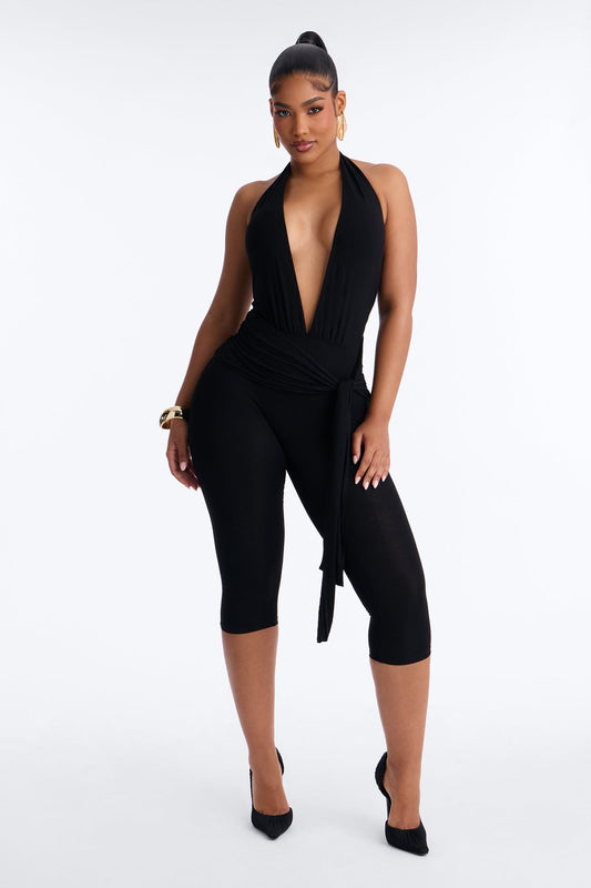 Karla Plunge Capri Catsuit - Black