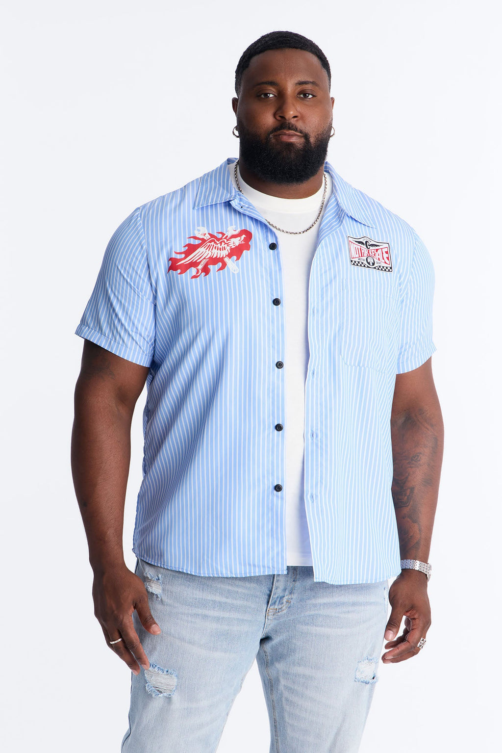 Cropped No Questions Asked Striped Button Up Shirt - Blue