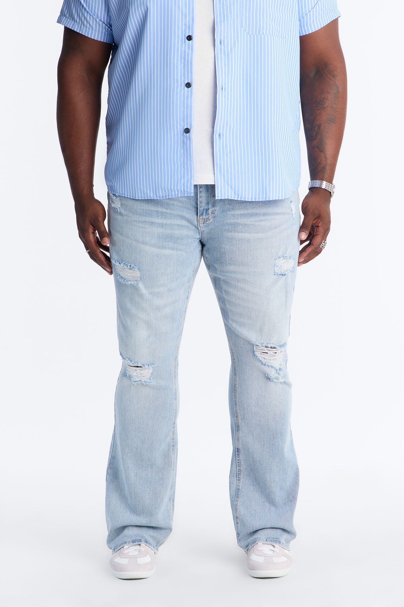 Essential Destroyed Stacked Skinny Flare Stretch Jean - Light Blue Wash